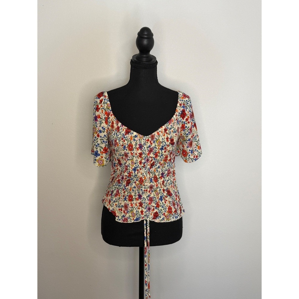 Willow+Root Floral Cottagecore Smocked Sweetheart Neck Ruched Drawstring‎ Top